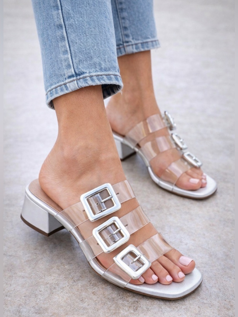 CECELIA New York women’s Lincoln Silver Slide Sandals with Clear Straps/size 6